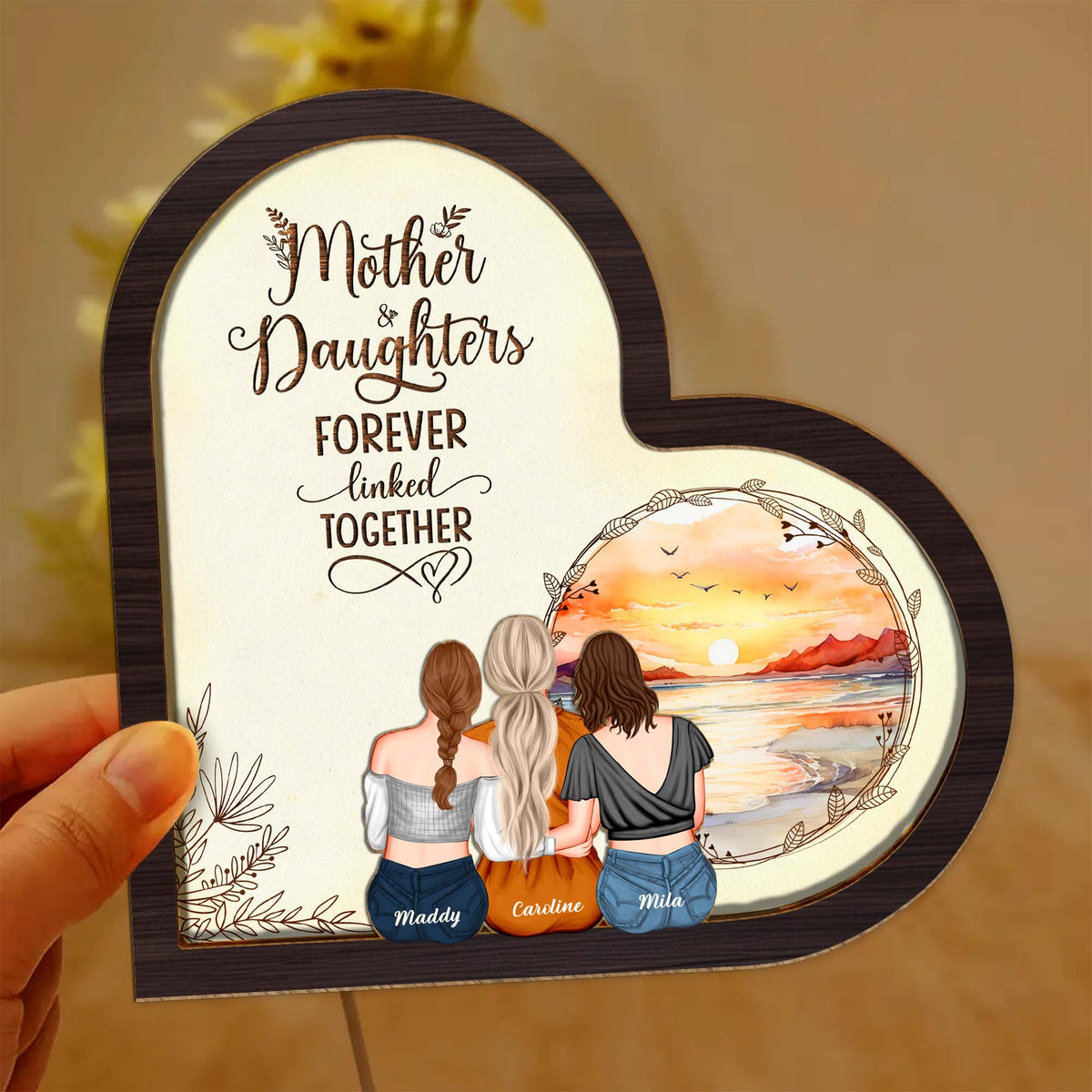 Personalized mother daughter LED light in heart shape featuring three women and sunset design