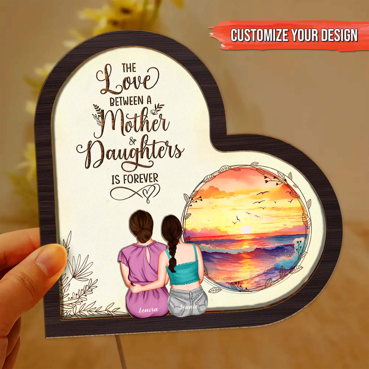 Personalized mother daughter LED light featuring a heartfelt design of two girls and a sunset