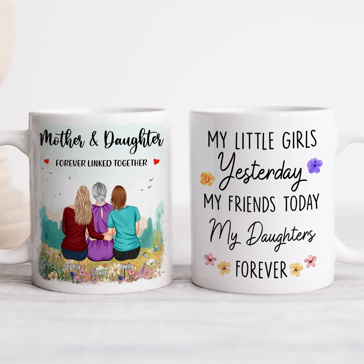 Personalized mother daughter mug featuring heartfelt illustrations and meaningful quotes for special moments