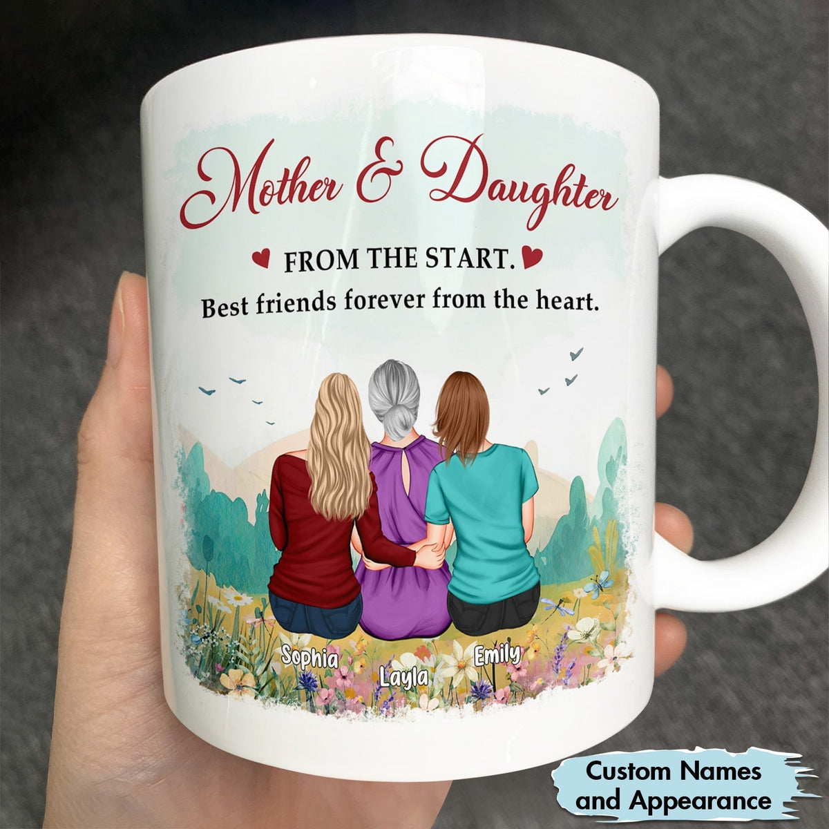 Personalized mother daughter mug featuring custom names and a heartfelt design
