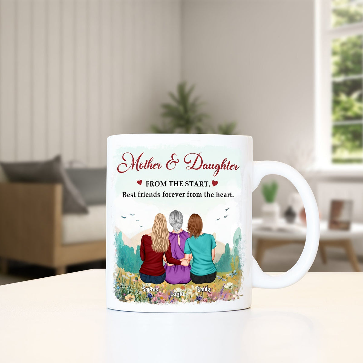 Personalized mother daughter mug featuring three women enjoying nature with heartfelt text