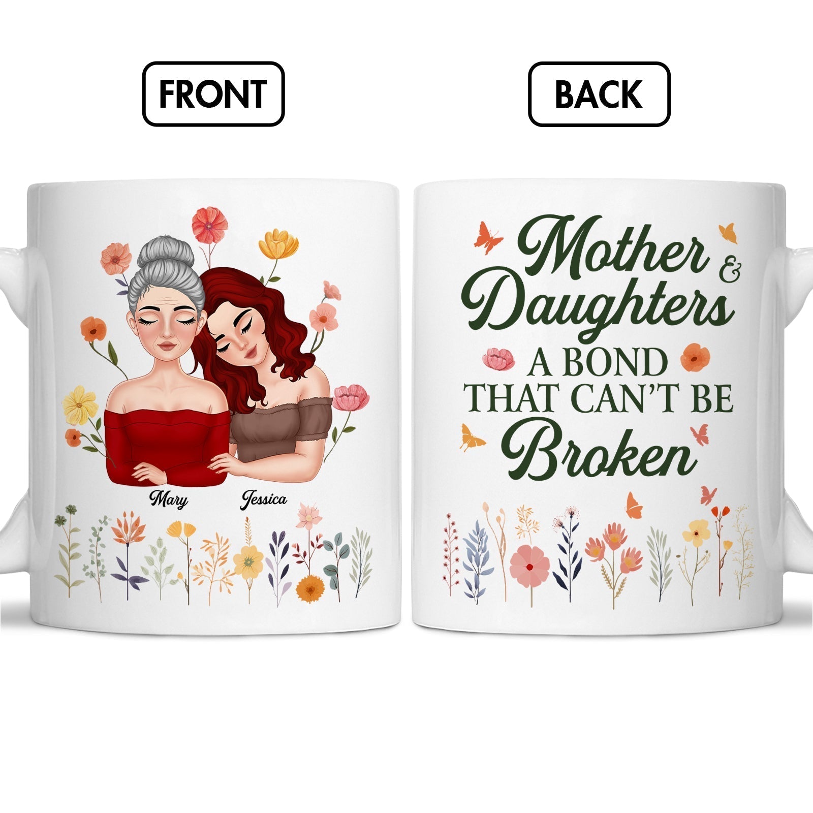 Personalized mother daughter mug featuring floral design and loving illustration of two women