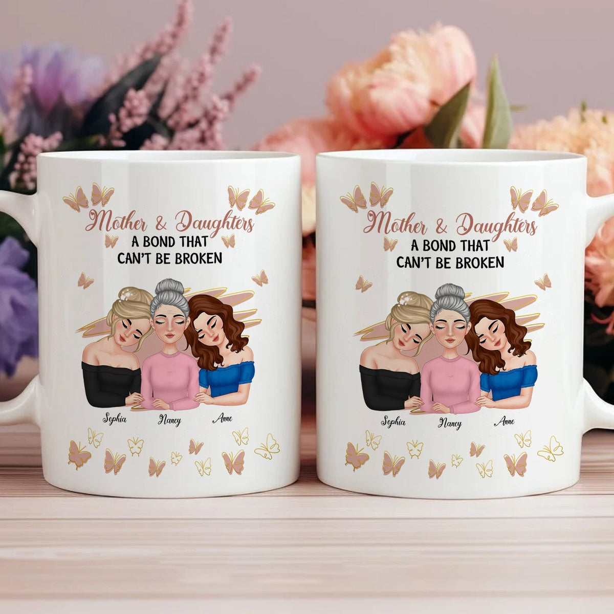 Personalized mother daughter mug featuring three women and butterflies, celebrating their bond