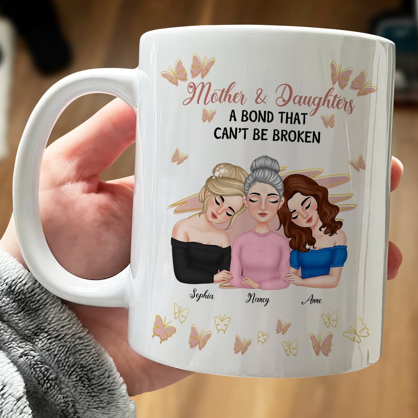 Personalized mother daughter mug featuring three women with the quote about their bond
