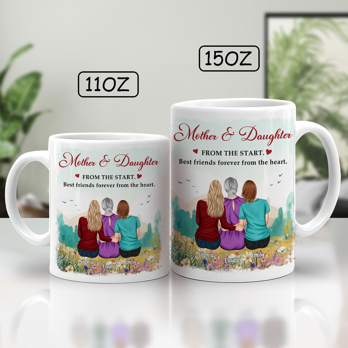 Personalized mother daughter mug featuring a heartfelt design with women sitting together in a beautiful landscape