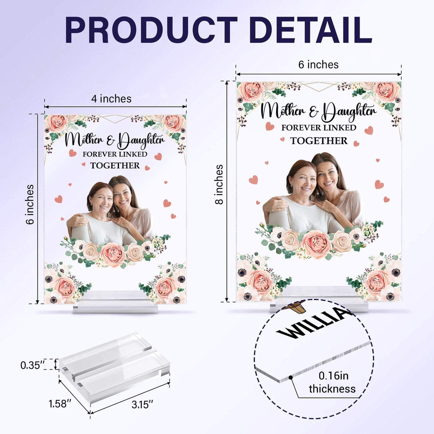 Personalized mother daughter plaque featuring floral design with hearts and custom names