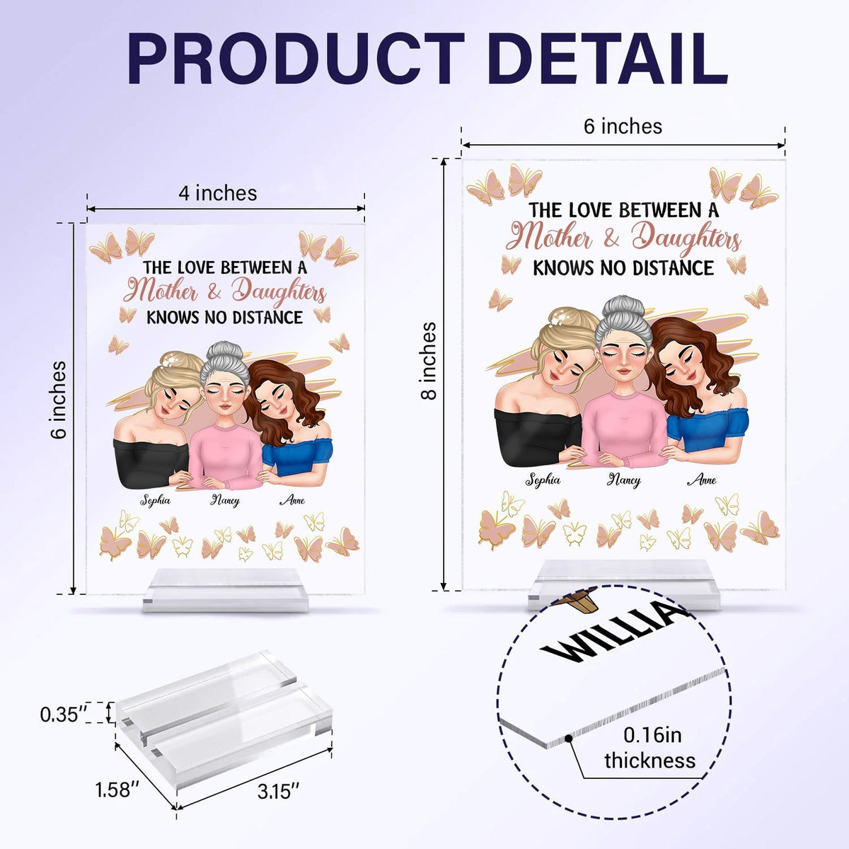 Personalized mother daughter plaque featuring three women with floral accents and heartfelt message