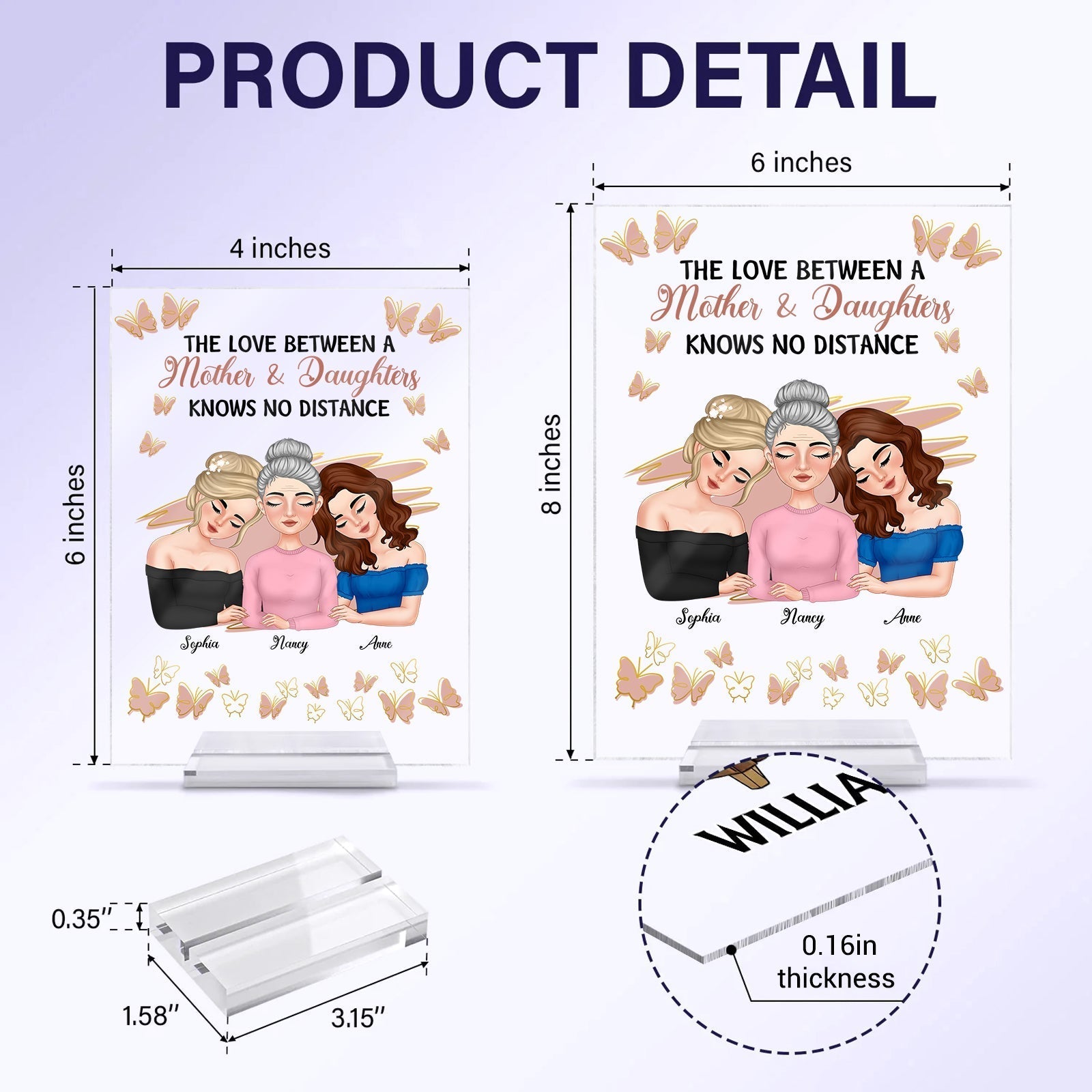 Personalized mother daughter plaque featuring three women with floral accents and heartfelt message