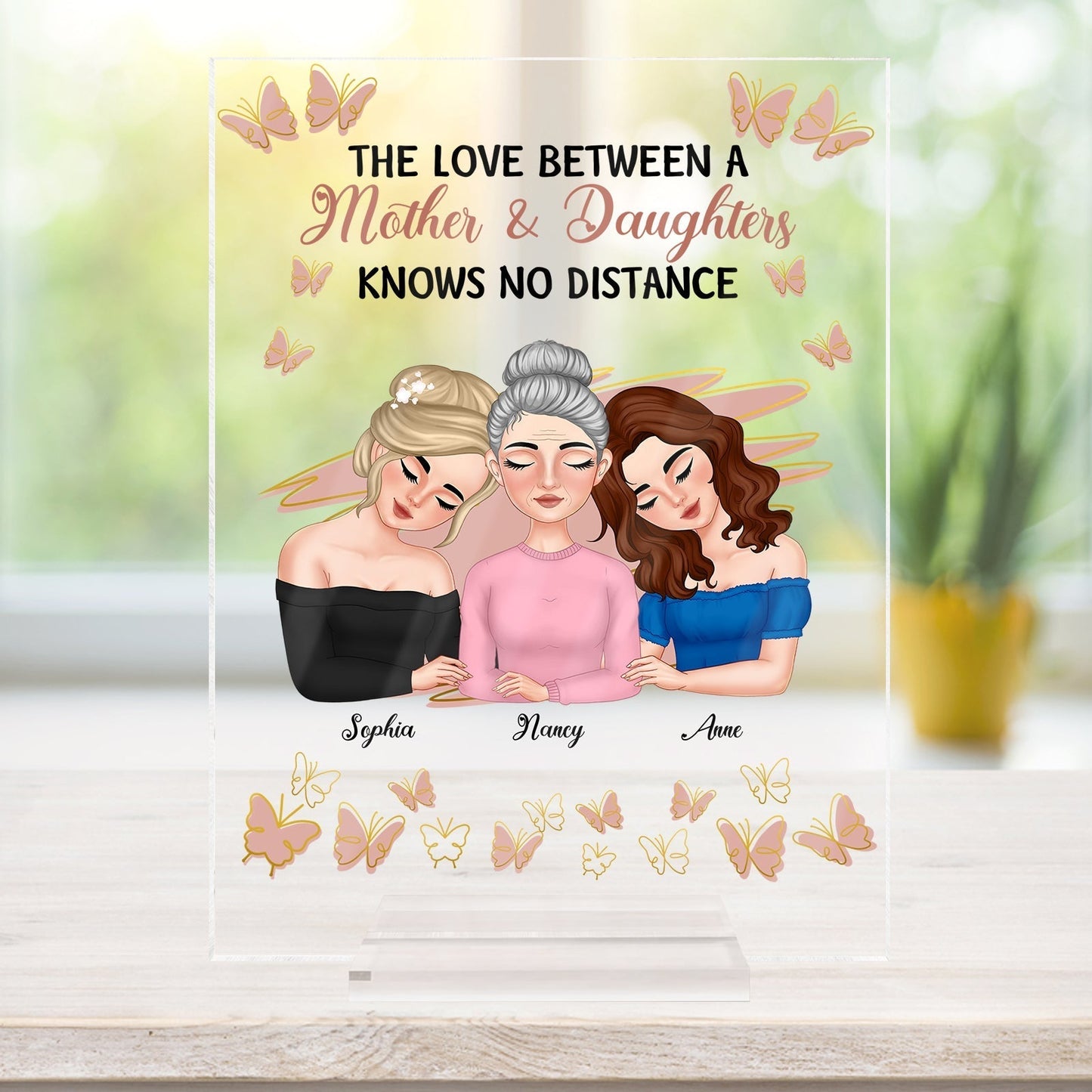 Personalized mother daughter plaque featuring three women with butterflies and a heartfelt message