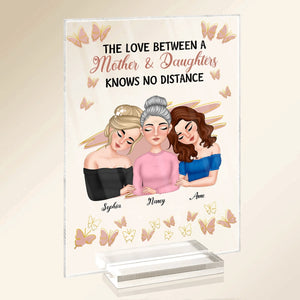 Personalized mother daughter plaque featuring three girls with the text about love and distance