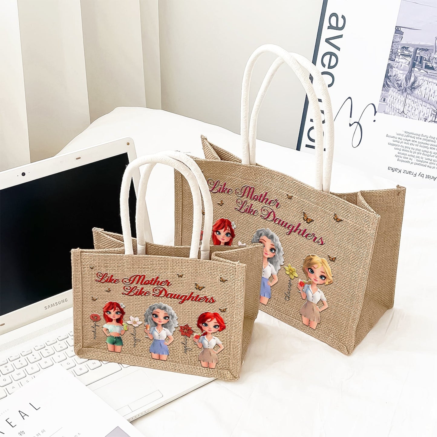Personalized mother daughter tote bag set featuring cute cartoon designs and inspirational text