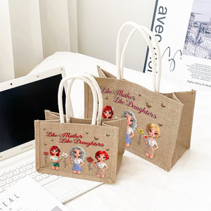 Personalized mother daughter tote bag set featuring cute cartoon designs and inspirational text
