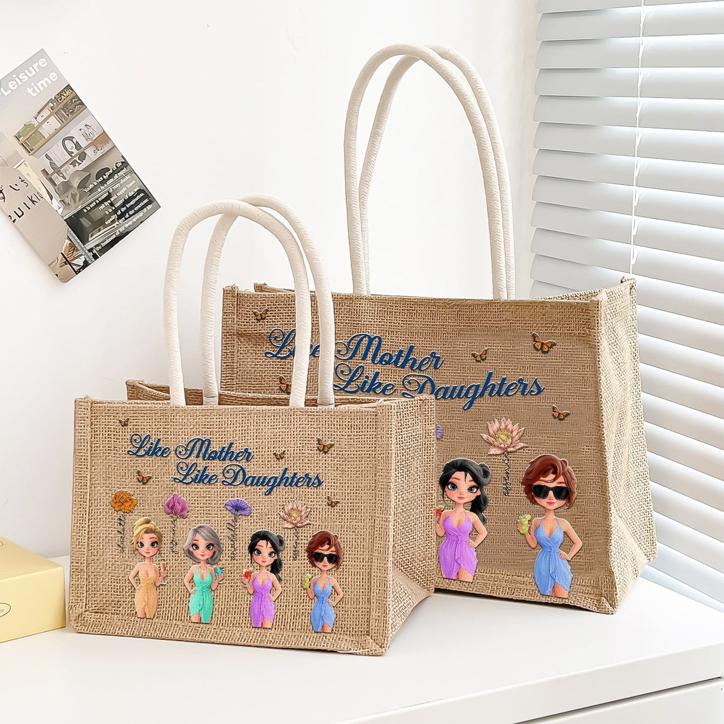 Personalized mother daughter tote bag featuring fun illustrations and the phrase 'Like Mother Like Daughters'