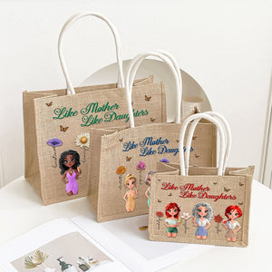 Personalized mother daughter tote bag in three sizes with cute girl designs and colorful text