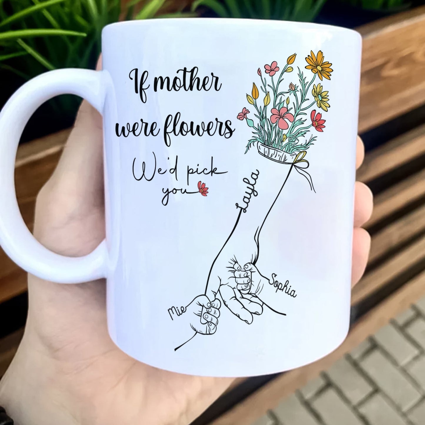 Personalized mother mug with floral design and heartfelt message about picking flowers for mom