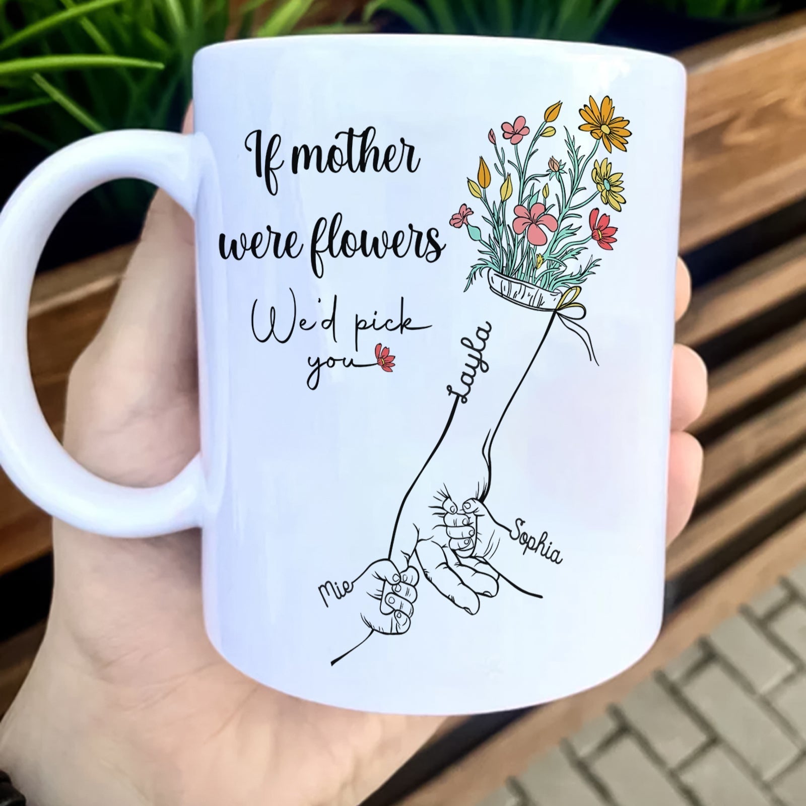 Personalized mother mug with floral design and heartfelt message about picking flowers for mom