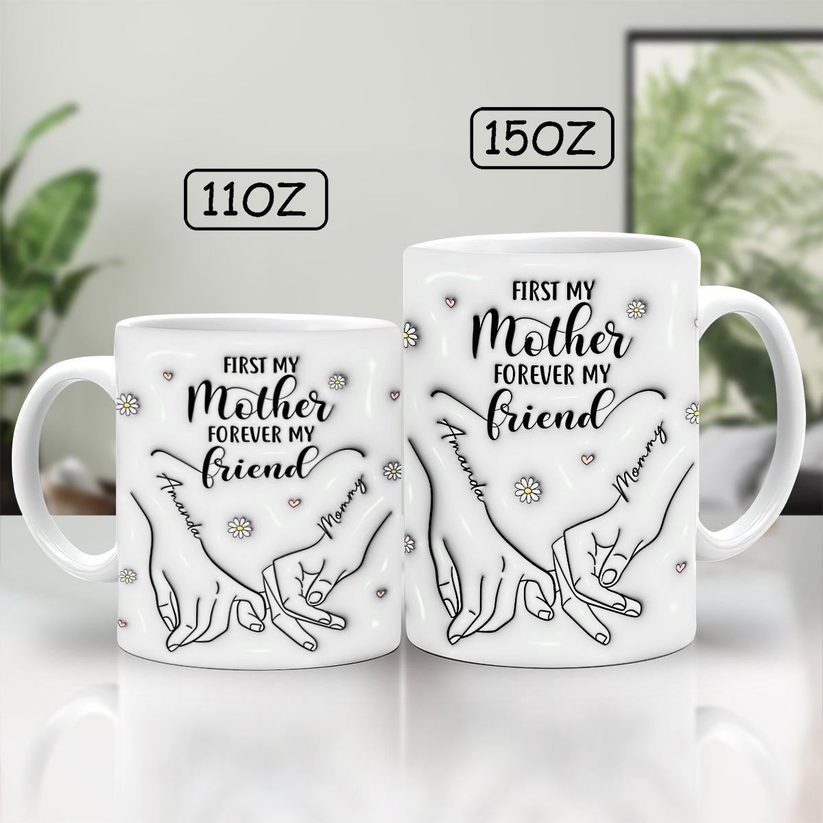 Personalized mother mug featuring a heartfelt design with hands clasping for a meaningful gift