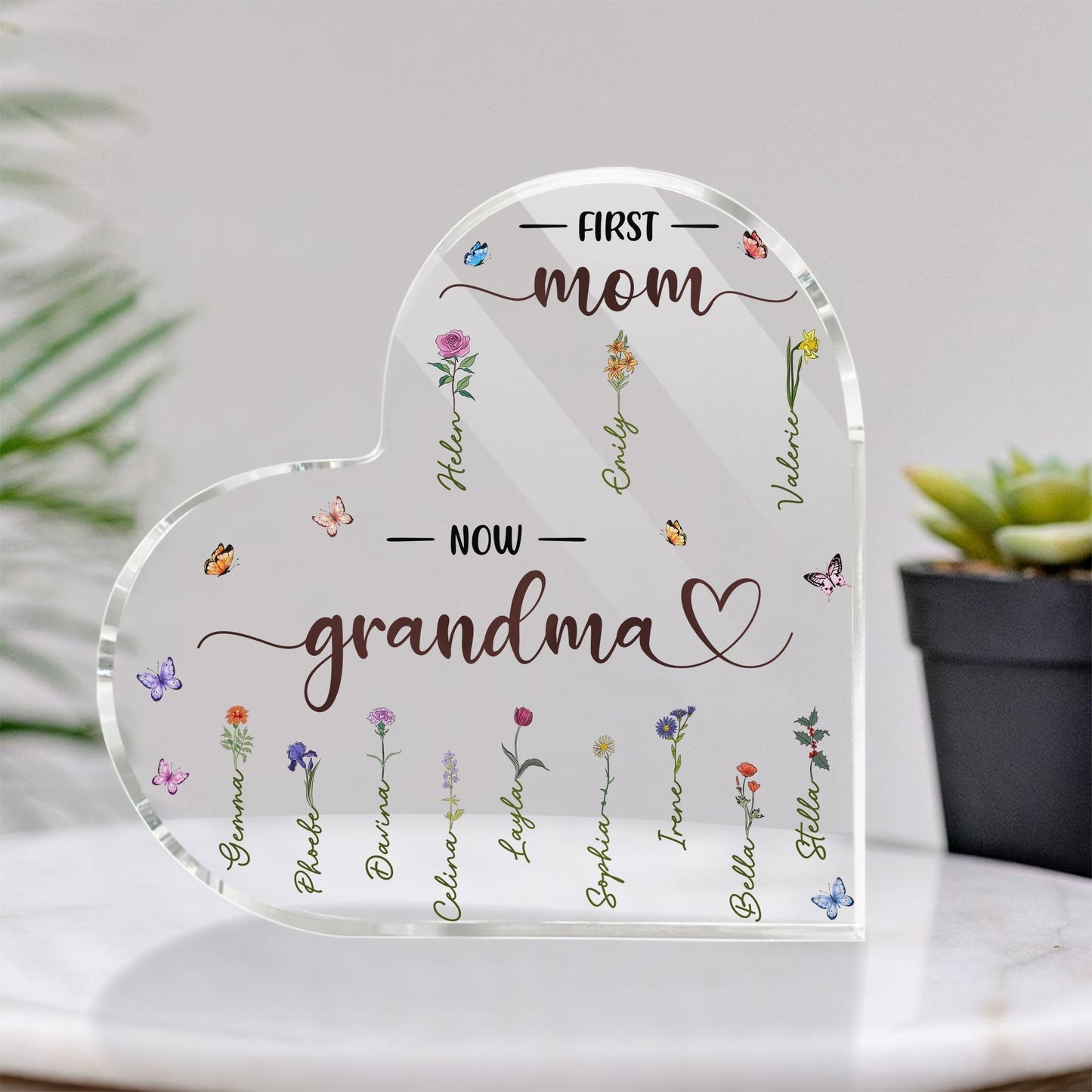 Personalized mother plaque in heart shape with floral design and names engraved for a heartfelt gift