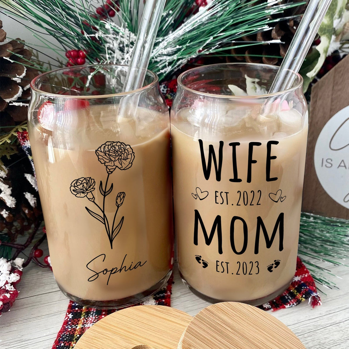 Personalized Mother's Day glass can featuring custom names and designs for special gifts