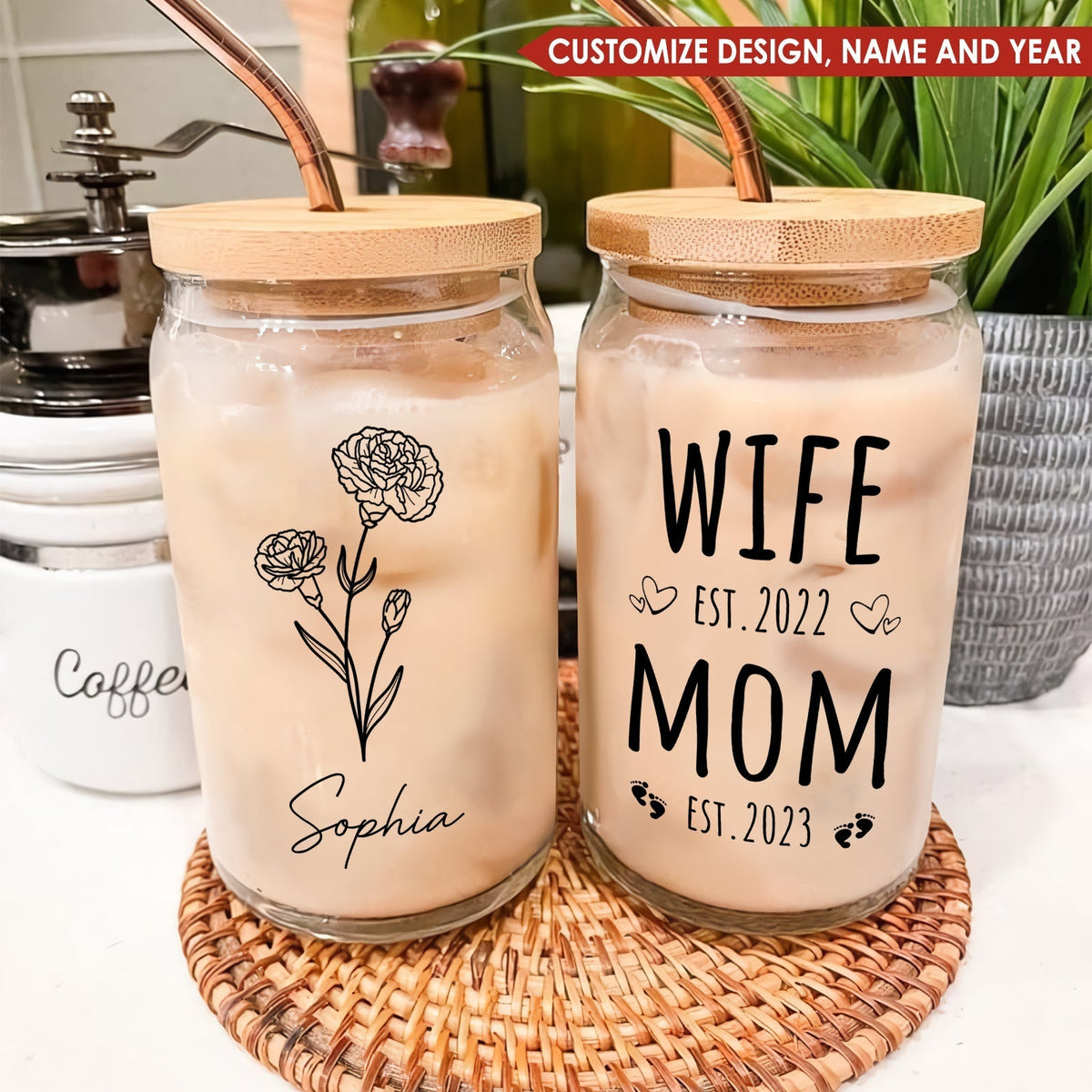 Personalized Mother's Day glass can featuring custom names and designs for a unique gift