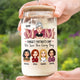 Personalized Mother's Day glass can featuring cartoon characters and heartfelt message for moms