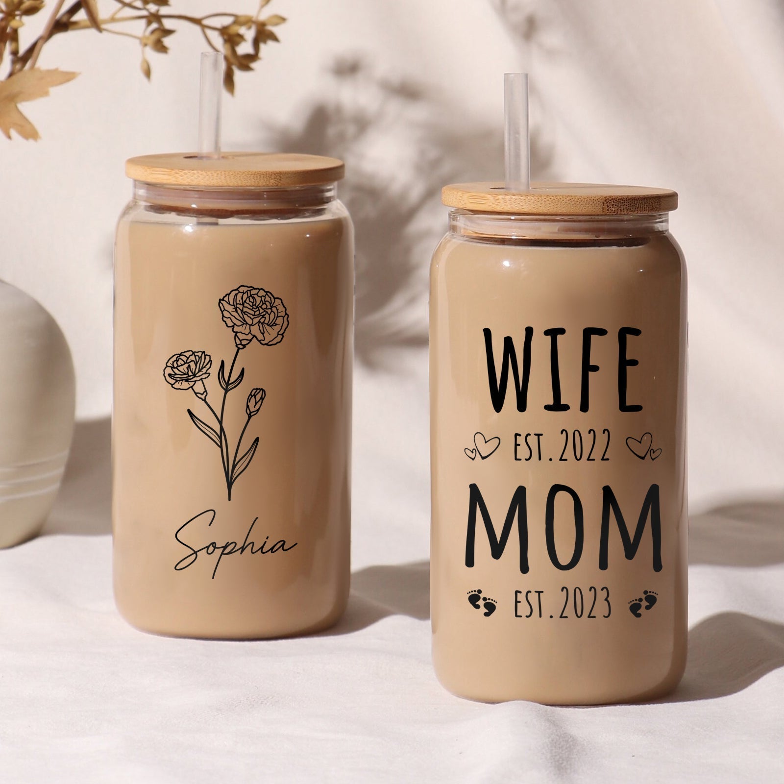 Personalized Mother's Day glass can with floral design and custom names for a thoughtful gift