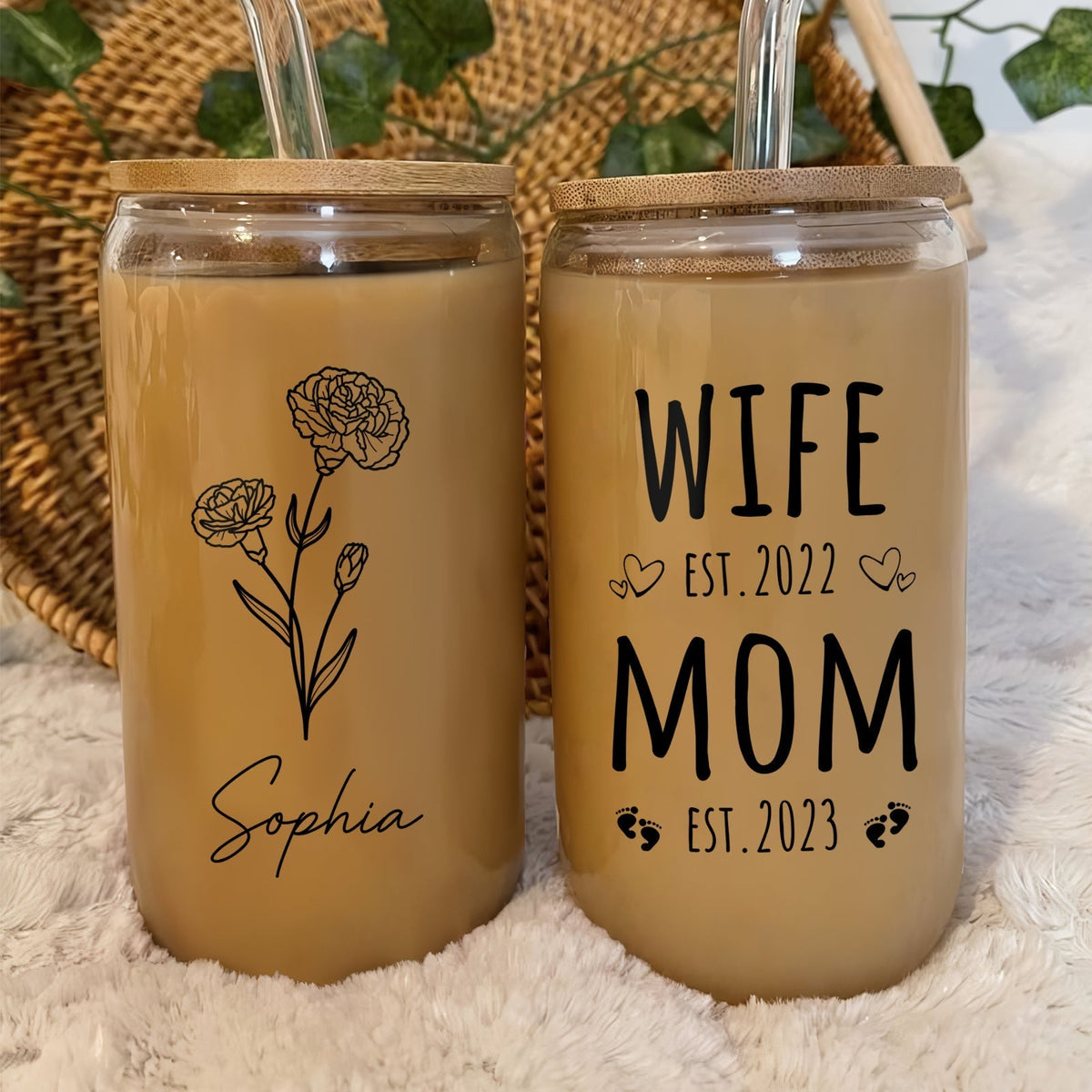 Personalized Mother's Day glass can with custom names and designs for gifting