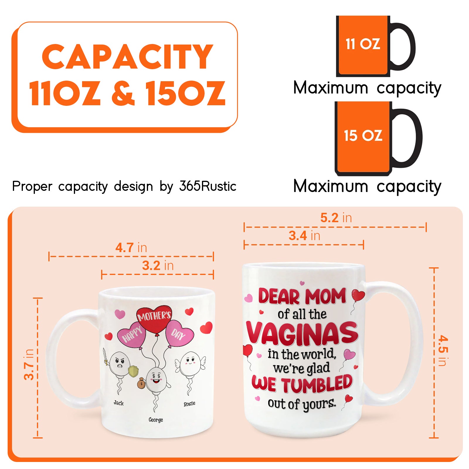 Personalized Mother's Day mug featuring humorous design with balloons and playful text celebrating moms