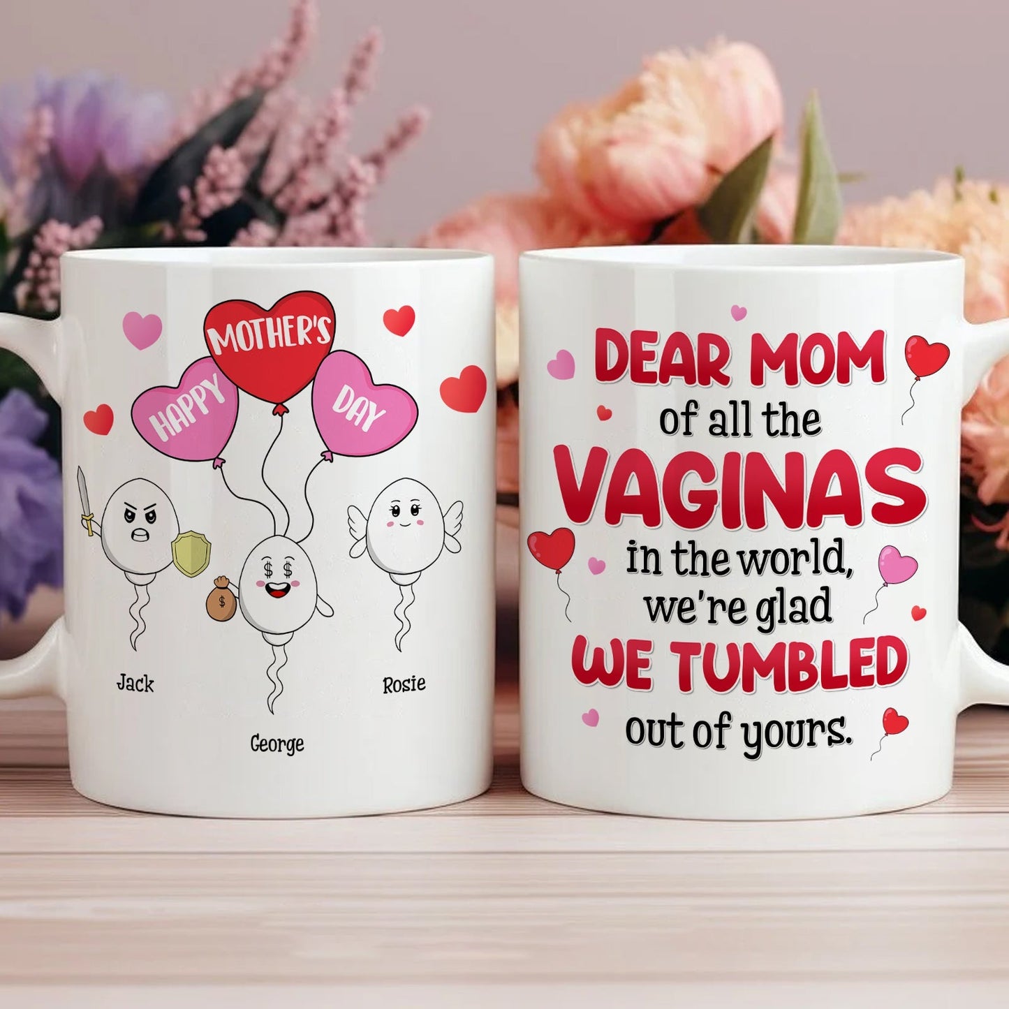Funny personalized Mother's Day mug with cartoon balloons and heartfelt message for moms
