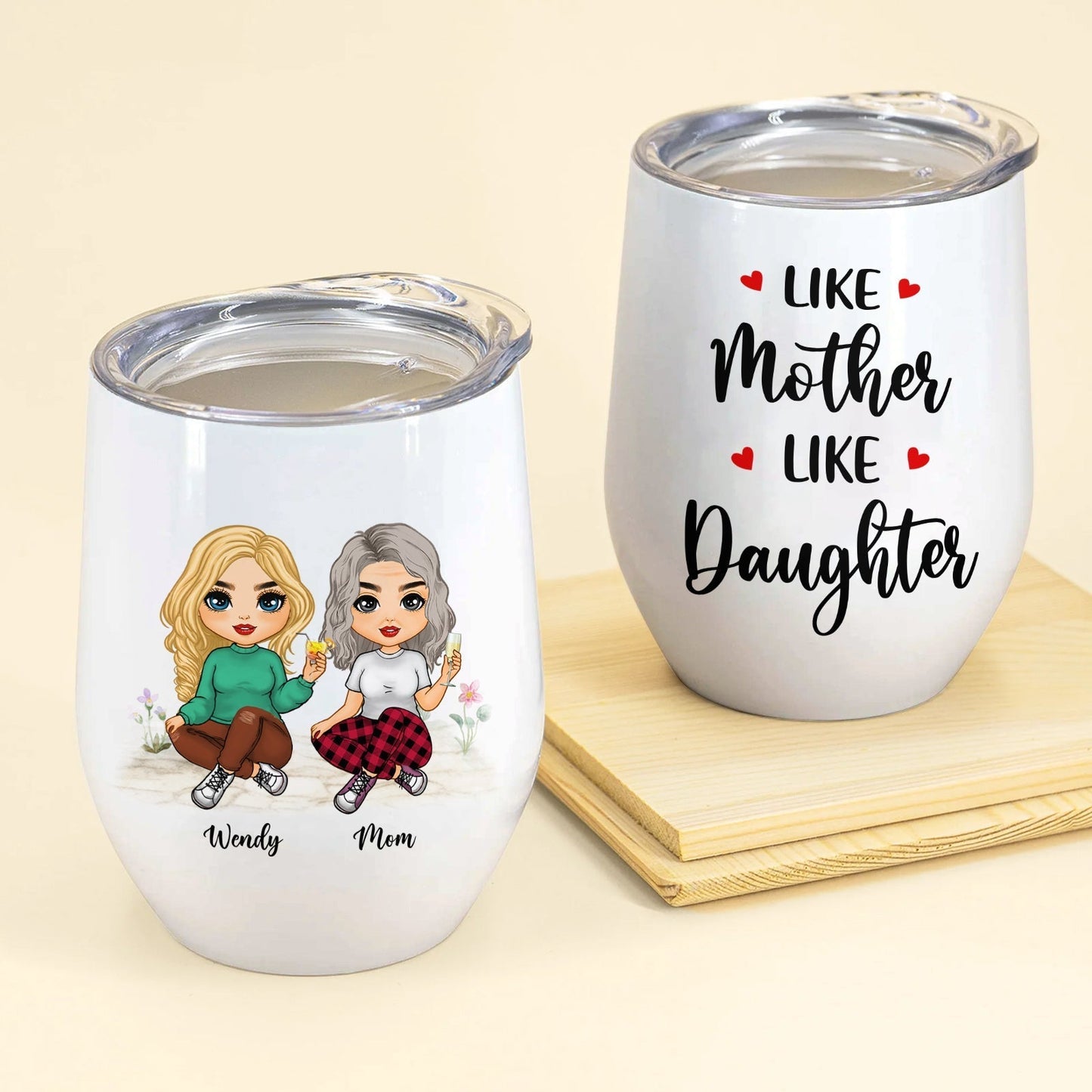 Personalized Mother's Day wine tumbler featuring cartoon characters and heartfelt messages
