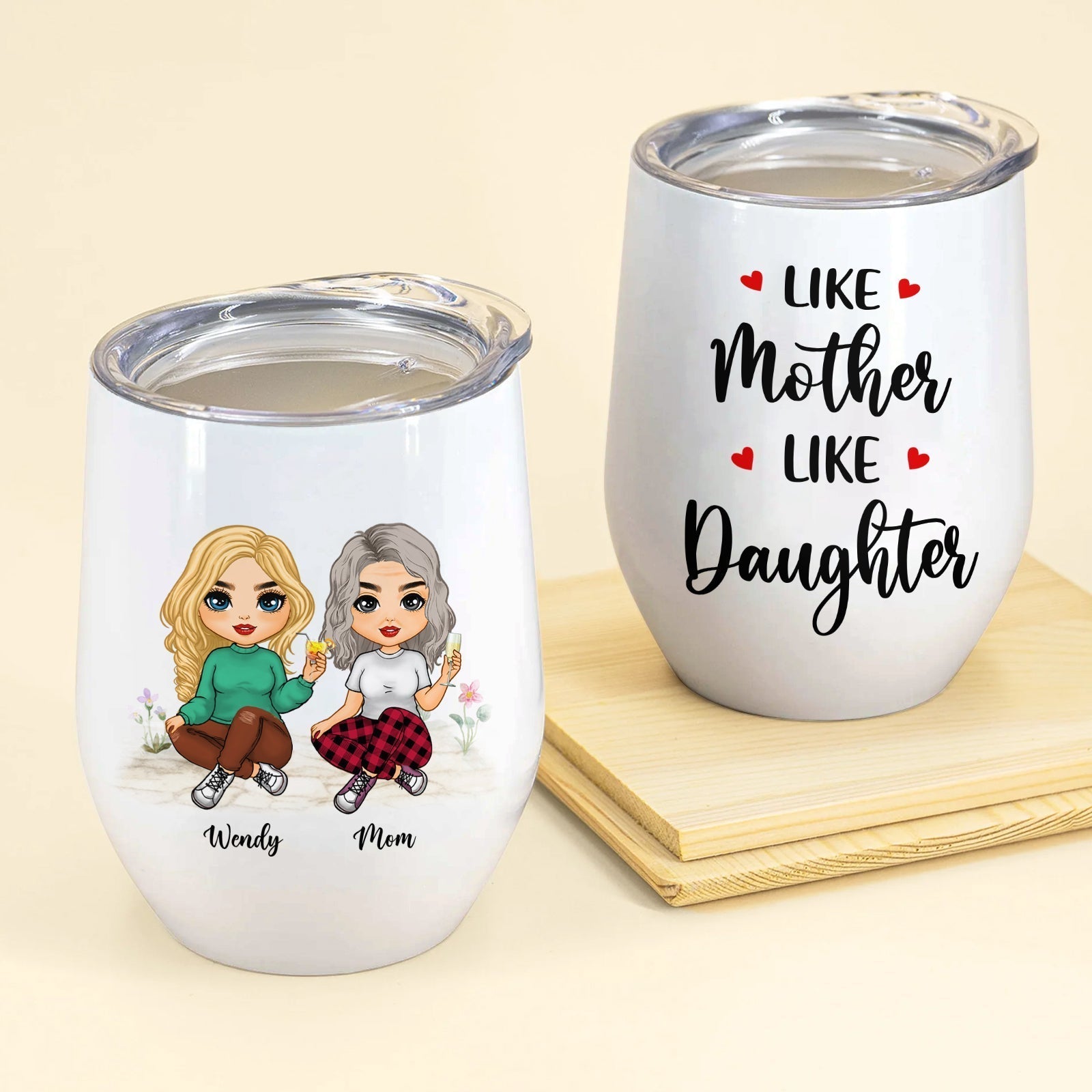 Personalized Mother's Day wine tumbler featuring cartoon characters and heartfelt messages