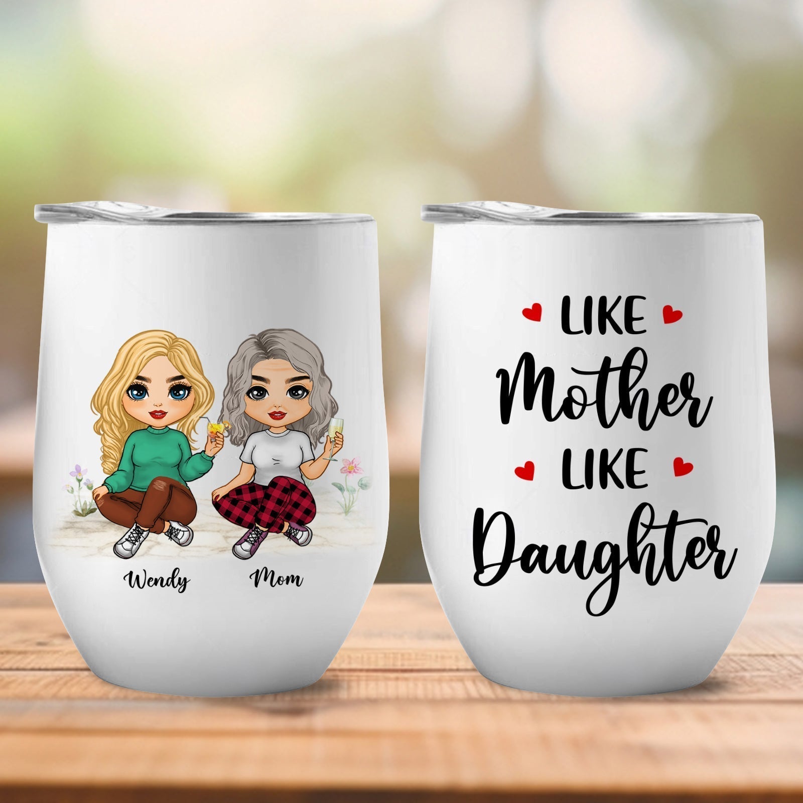 Personalized Mother's Day wine tumbler featuring custom illustrations of mother and daughter