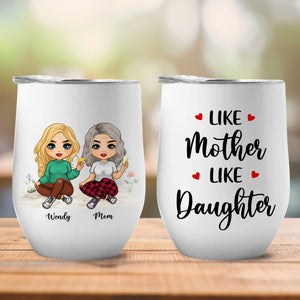 Personalized Mother's Day wine tumbler featuring custom illustrations of mother and daughter