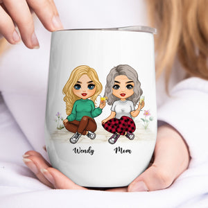 Personalized Mother's Day wine tumbler featuring two cartoon characters with names Wendy and Mom
