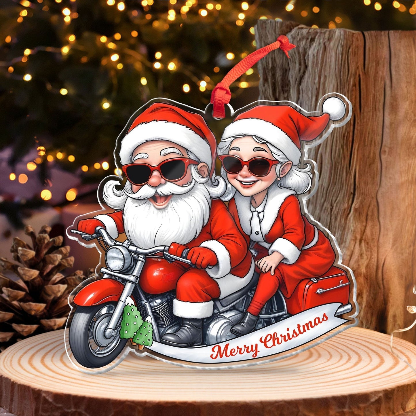 365Gifty personalized Mr and Mrs Claus ornament with Santa and Mrs Claus riding a red motorcycle