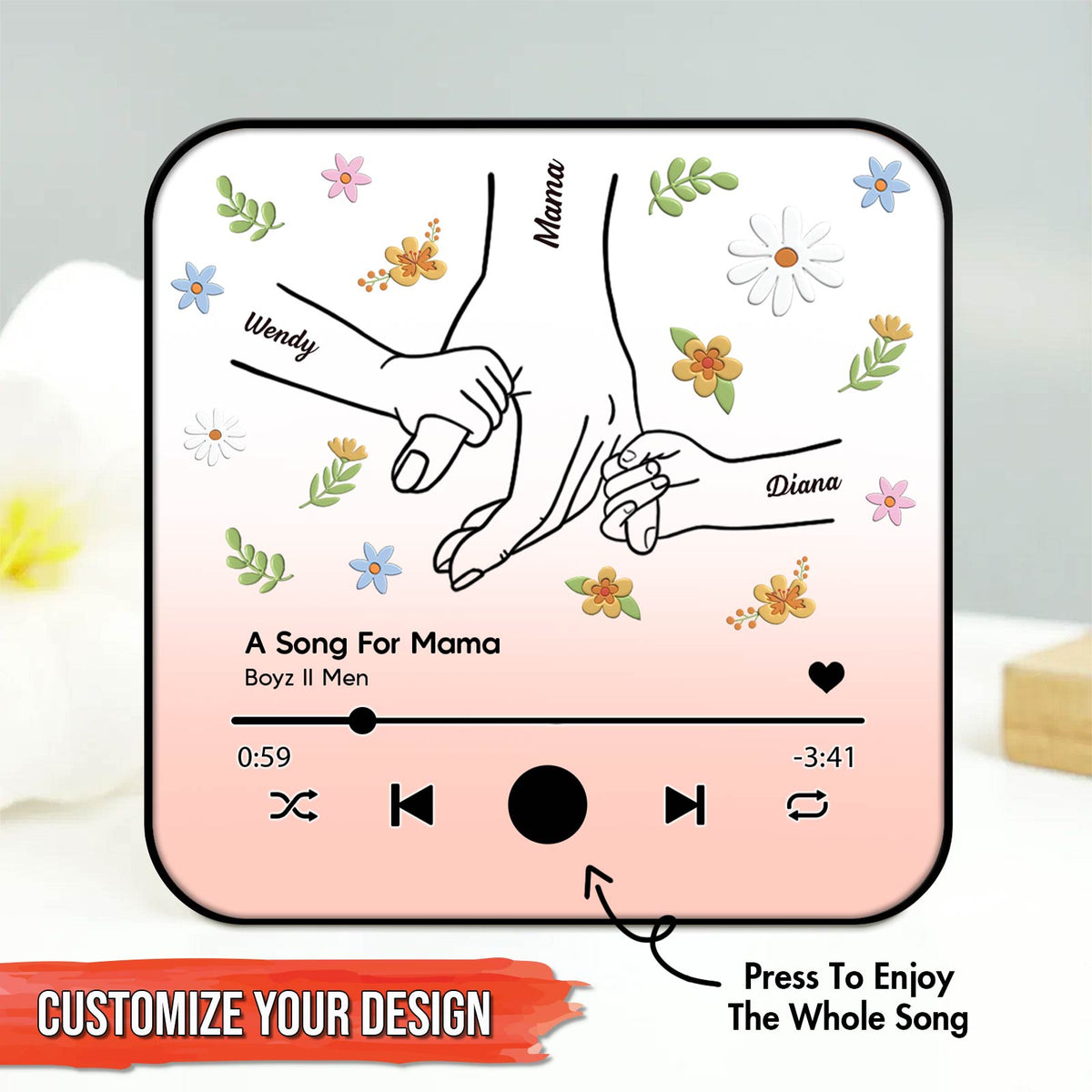 Personalized music magnet for mom with customizable design featuring hands and floral accents
