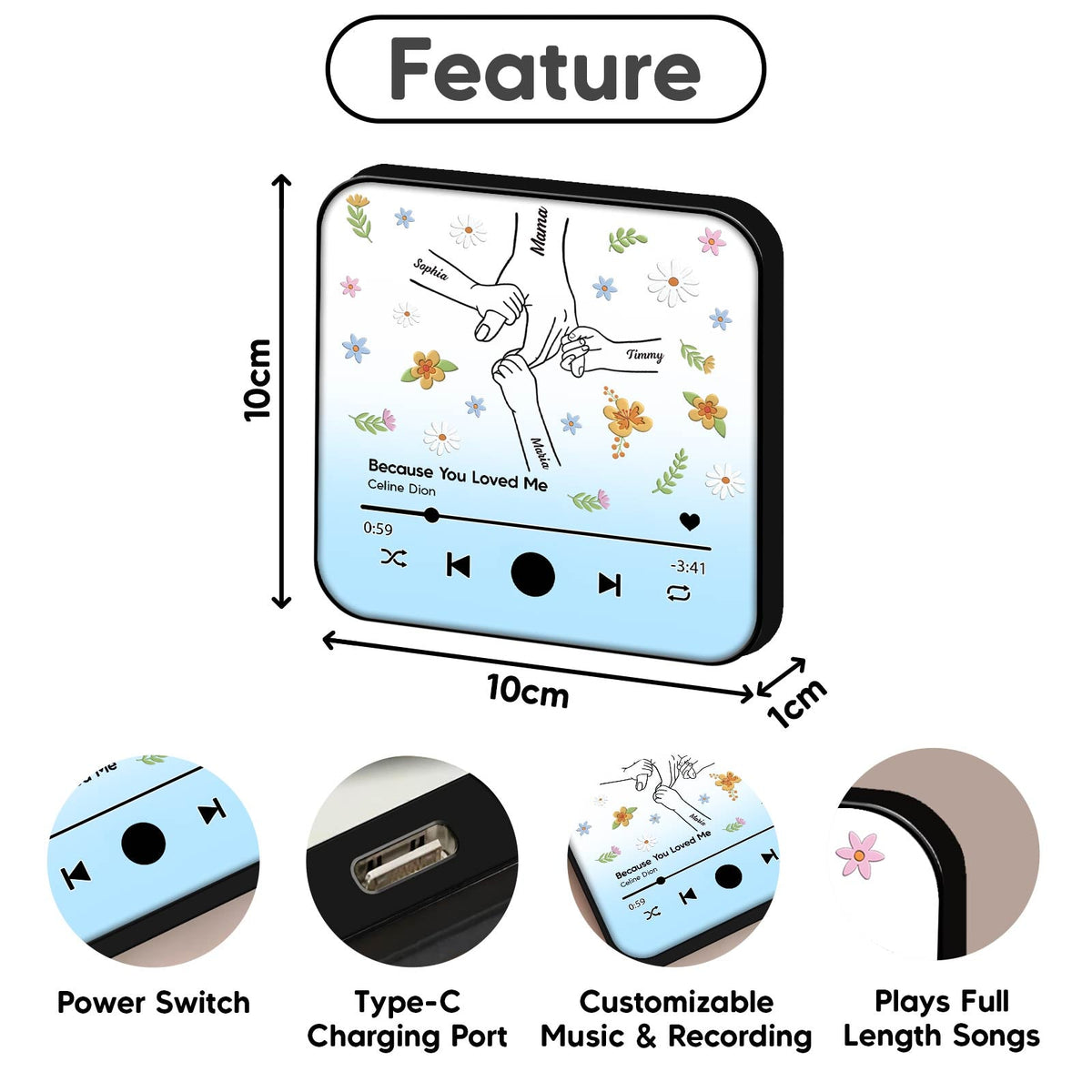 Personalized music magnet for mom featuring customizable music, floral design, and charging port