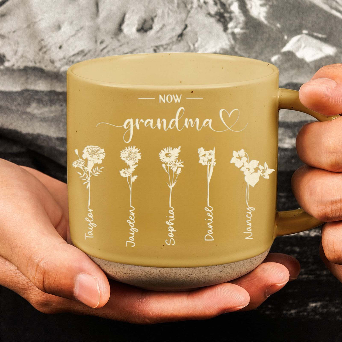 Personalized nanny mug featuring floral design and names for a special grandmother gift