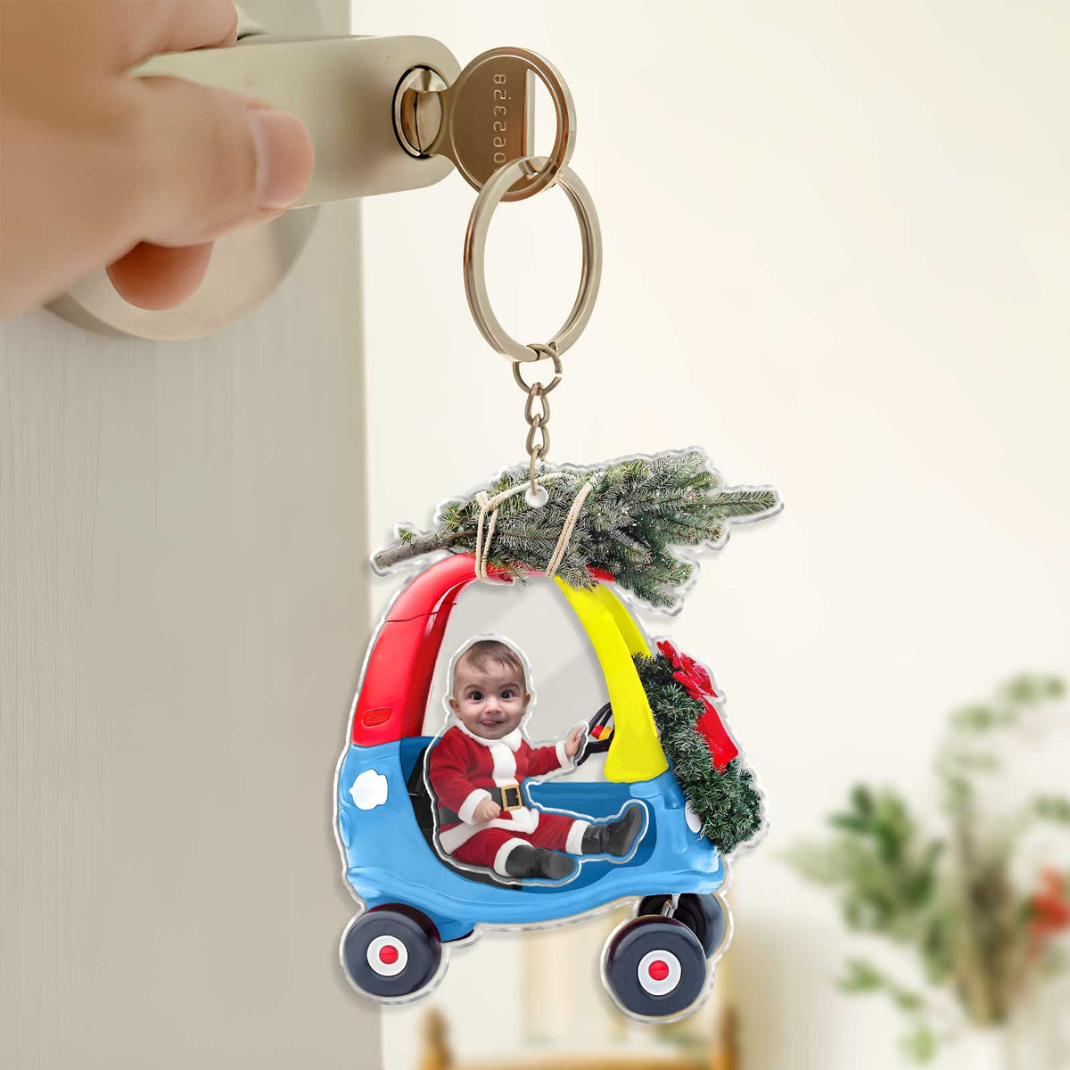 Personalized new parent gift idea includes a custom photo keychain in a colorful car design