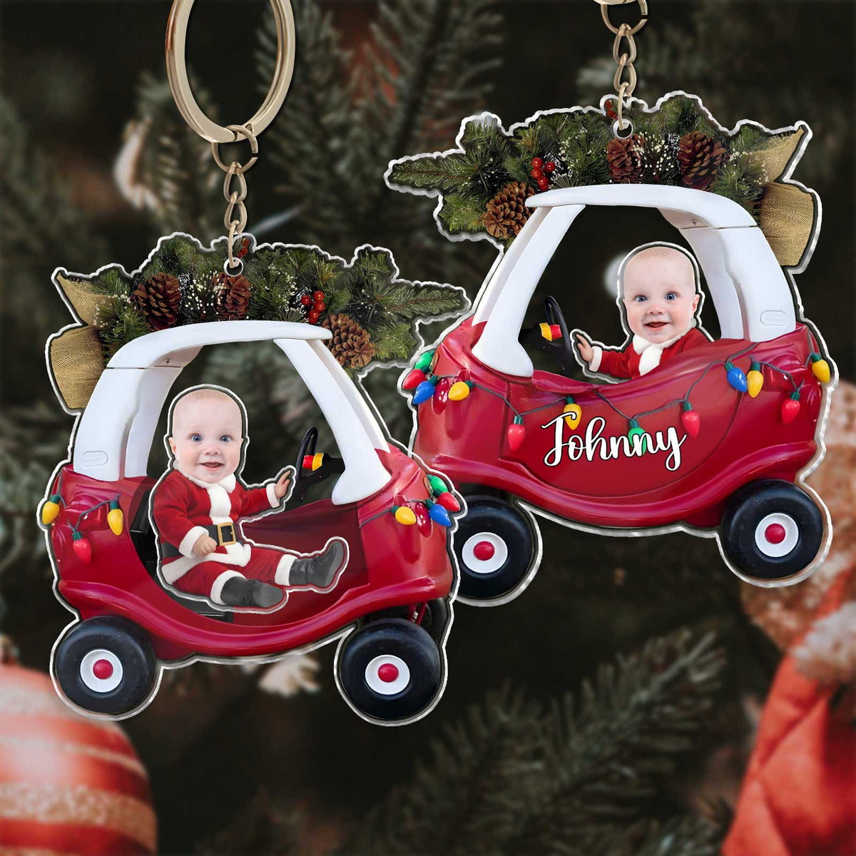 Personalized new parent gift idea featuring a custom baby keychain in a festive car design