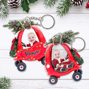 Personalized new parent gift idea featuring a red car keychain with a photo for festive celebrations