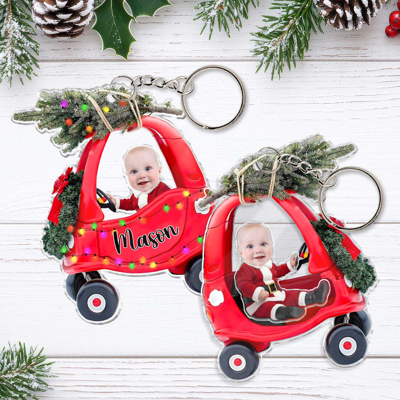 Personalized new parent gift idea featuring a red car keychain with a photo for festive celebrations