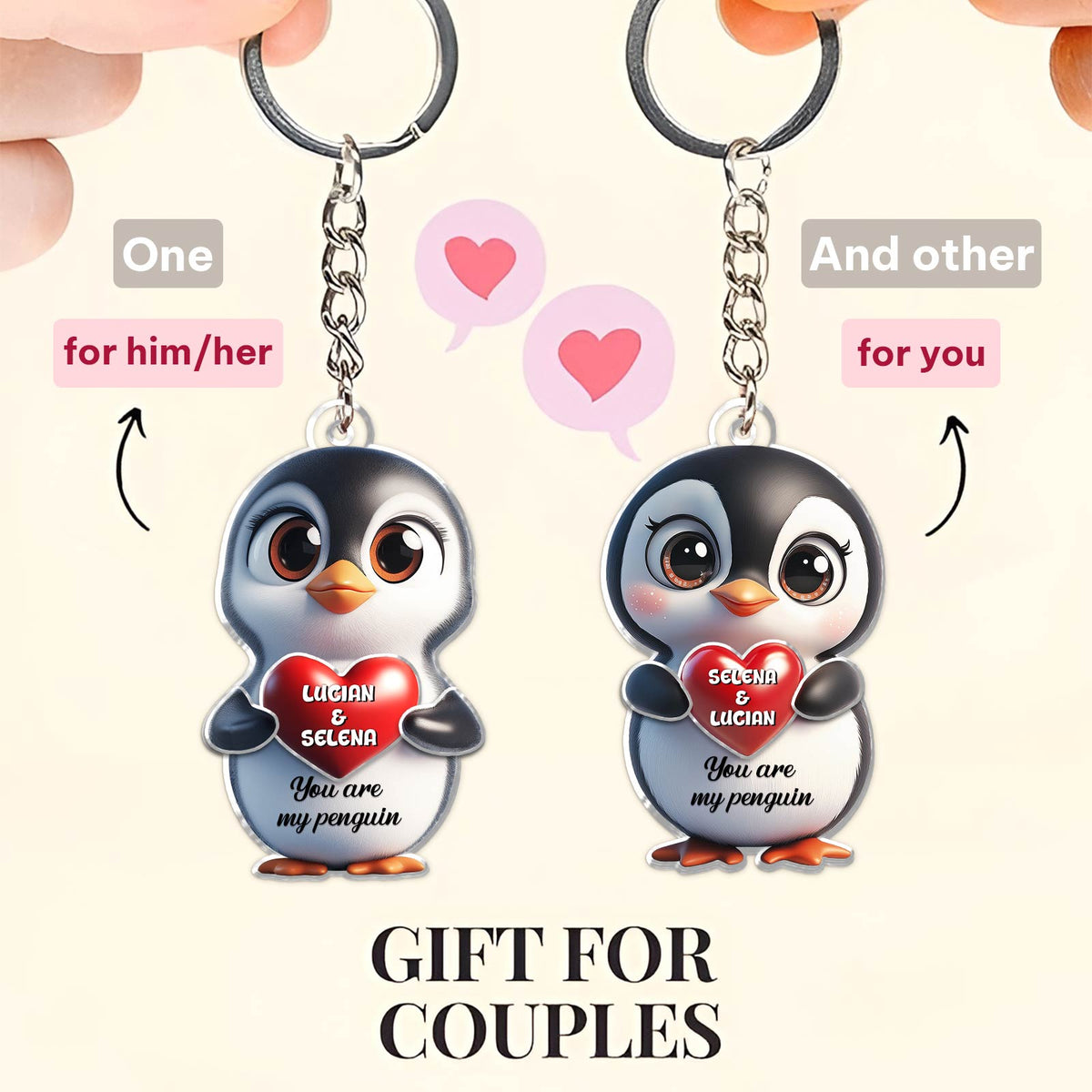 Personalized penguin couple keychain featuring cute penguins holding hearts for couples