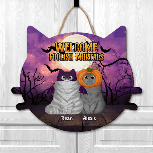 Personalized pet door sign featuring two playful cats and a Halloween theme for pet lovers