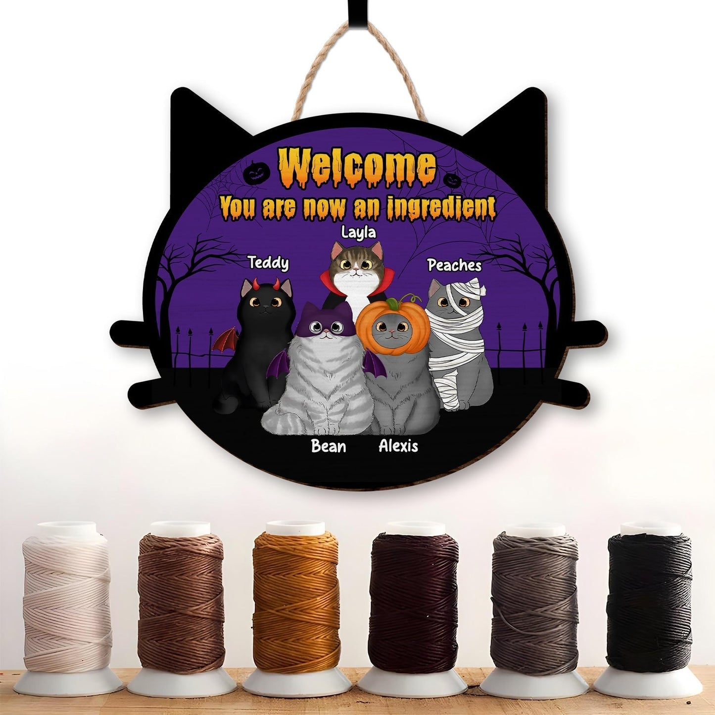 Personalized pet door sign featuring cartoon pets with a spooky Halloween theme for pet lovers