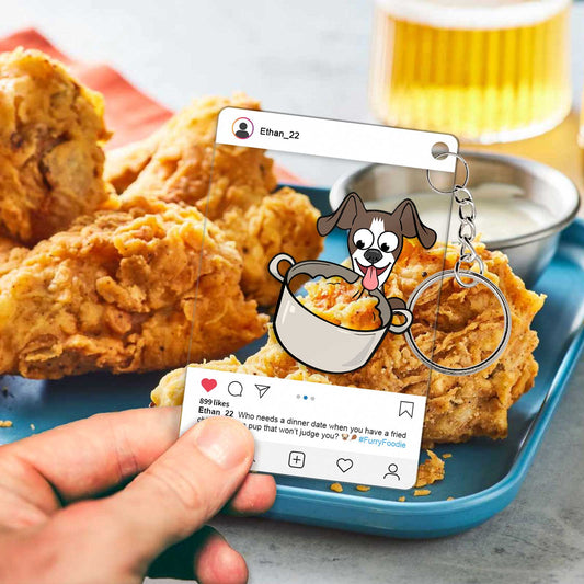 Personalized pet keychain featuring a dog and a fried chicken background for pet lovers
