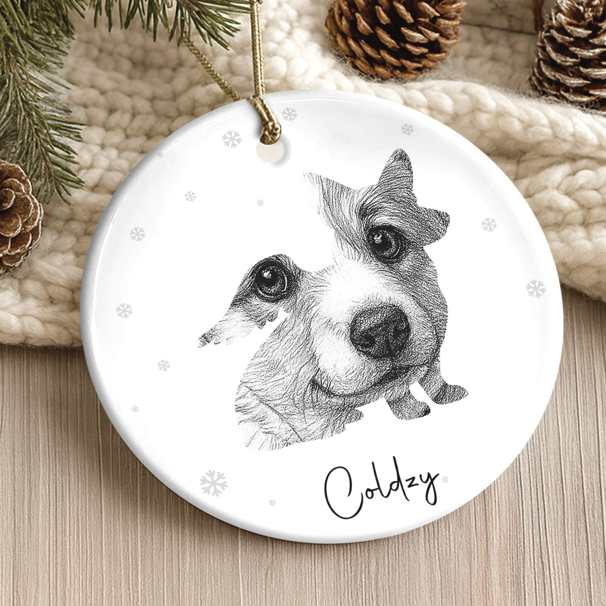 Personalized pet loss ornament featuring a hand-drawn dog portrait with a custom name