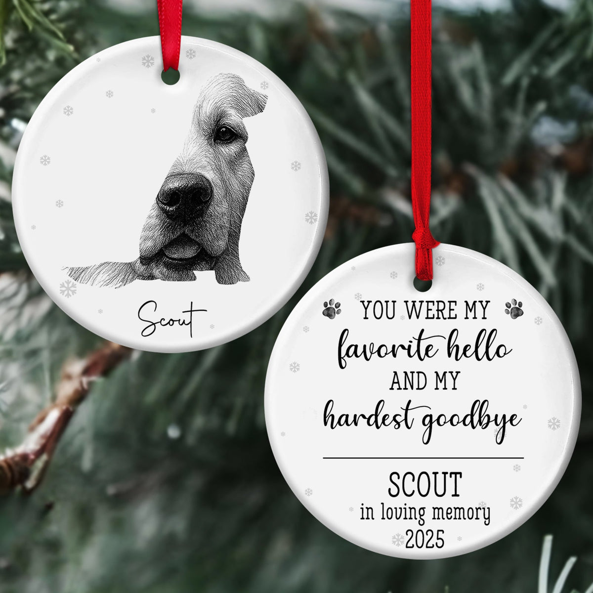 Personalized pet loss ornament featuring a dog illustration with heartfelt message for honoring a beloved pet