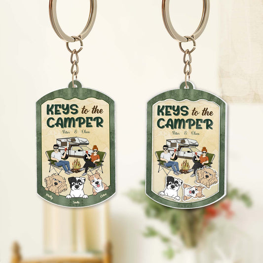 Personalized pet lover keychain featuring a camping scene with dogs and people around a fire