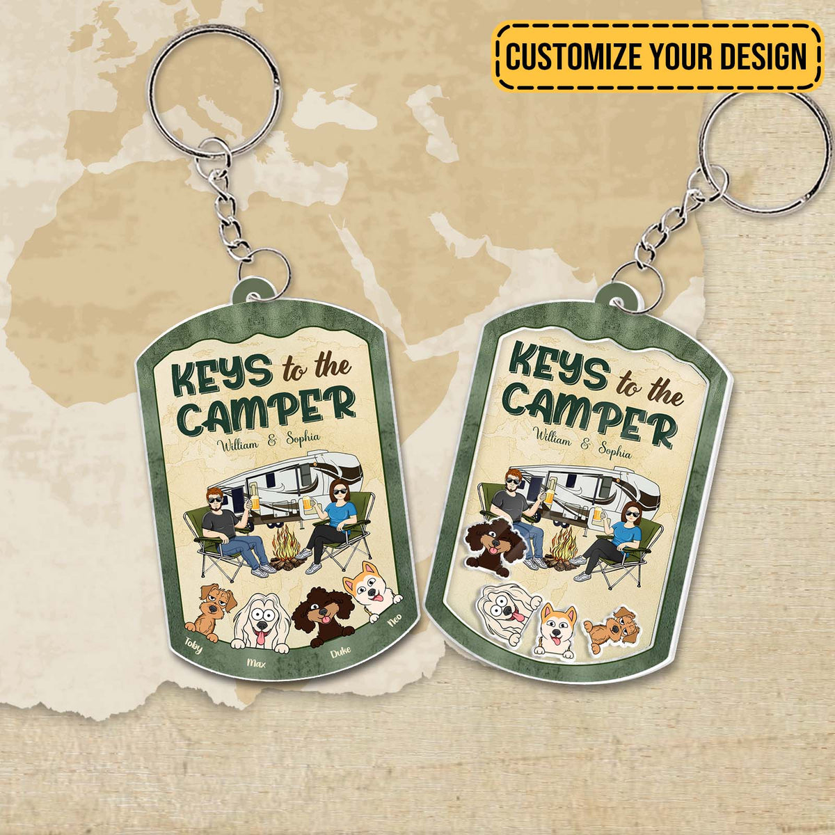 Personalized pet lover keychain featuring a camper scene with pets and customizable design option